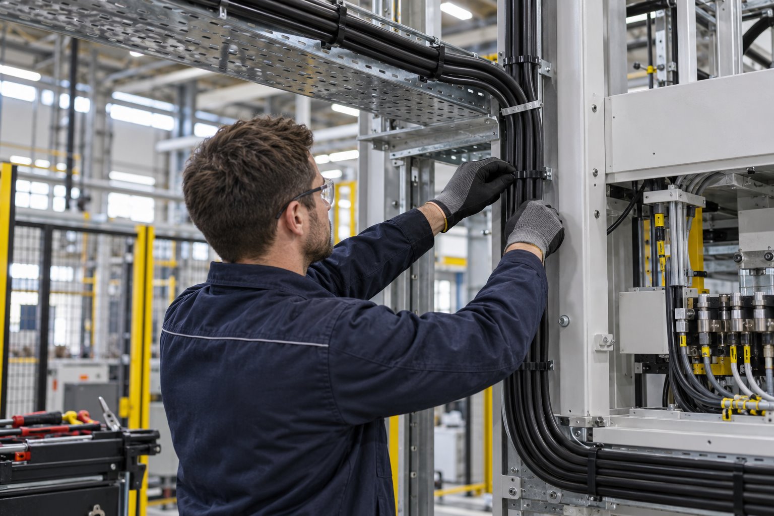 Technik upevňuje kabeláž na konstrukci průmyslového stroje