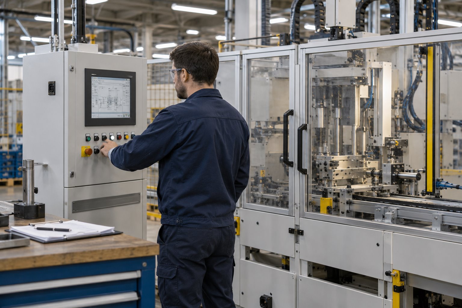 Technik provádí funkční kontrolu výrobního zařízení
